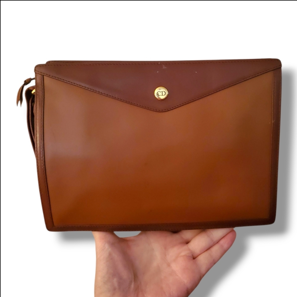 Vintage DIOR Brown Leather Wristlet Clutch Gold Hardware W 10" x H 7", 7" Strap